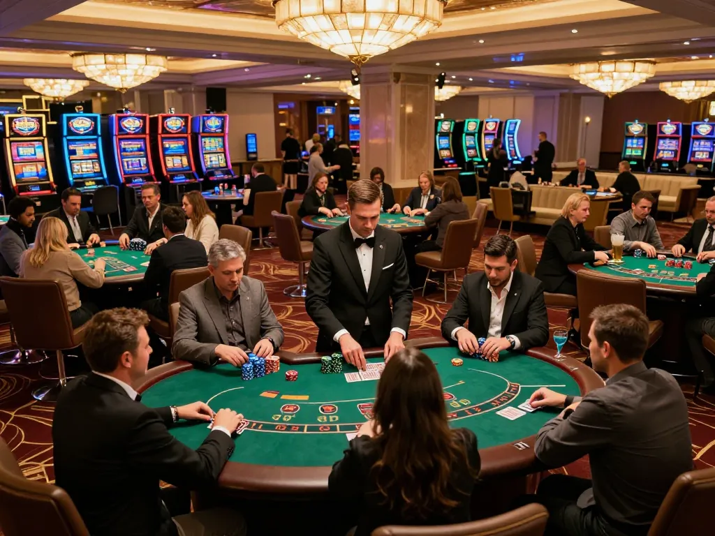 KJC players engaging in poker at a vibrant casino, under warm ambient lighting.
