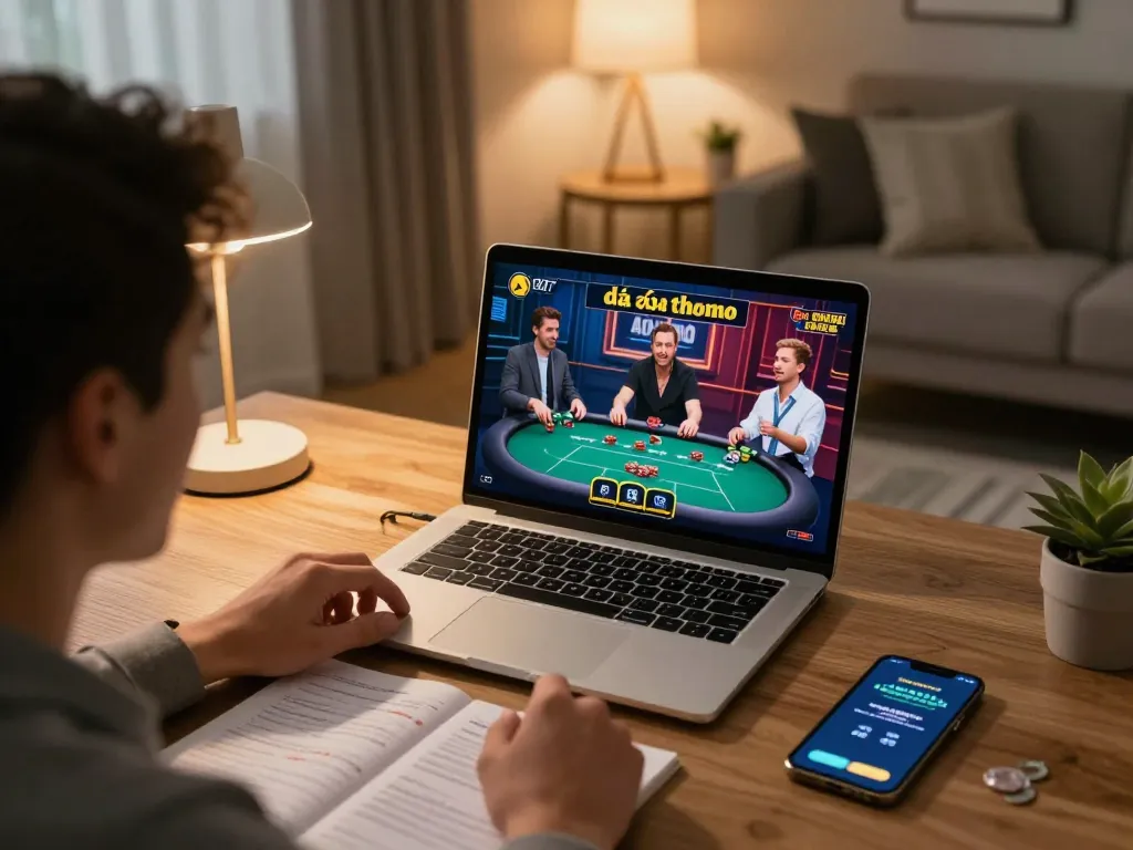 Engaged viewer watching đá gà thomo live on laptop in a cozy home gaming setup