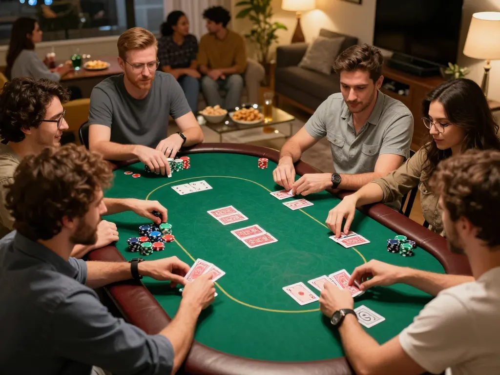 Friends enjoying an engaging poker night with chips and cards showcasing hz88 gaming experience.