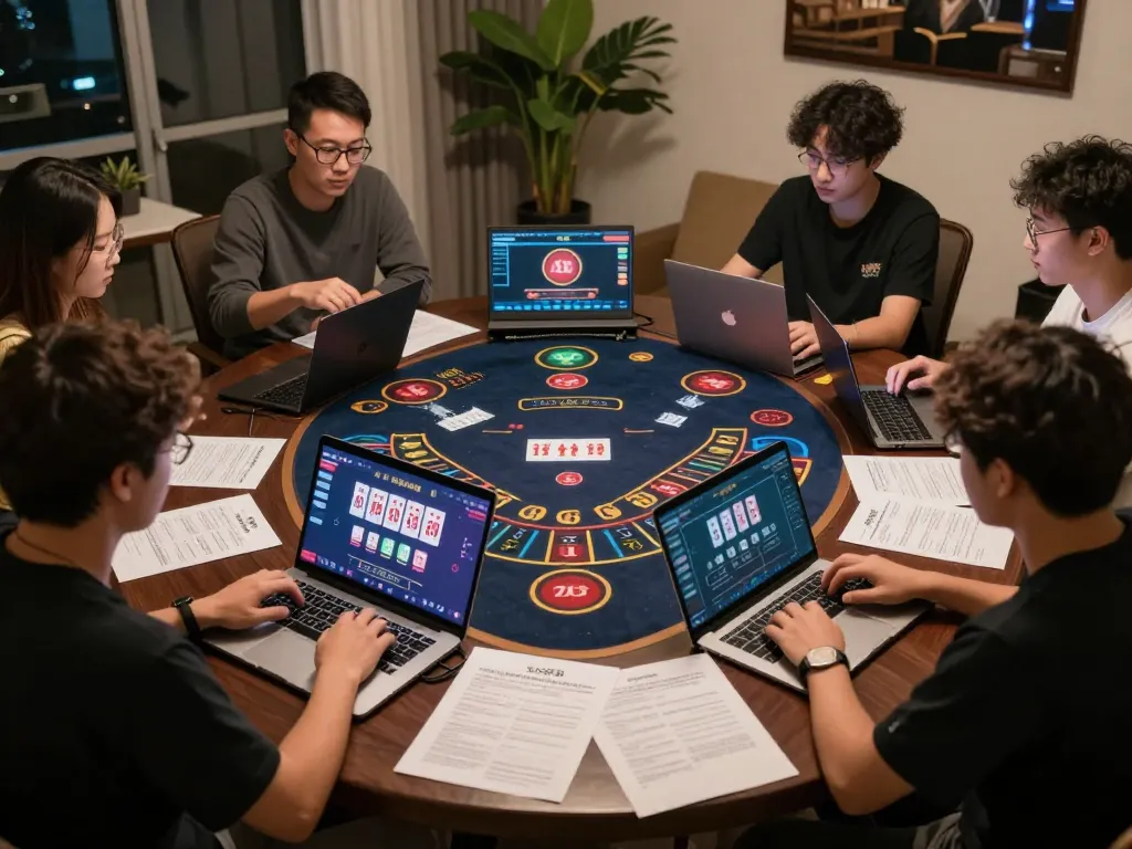 Players enjoying an intense online baccarat game on xx88, showcasing strategic gameplay in a comfortable home setting.