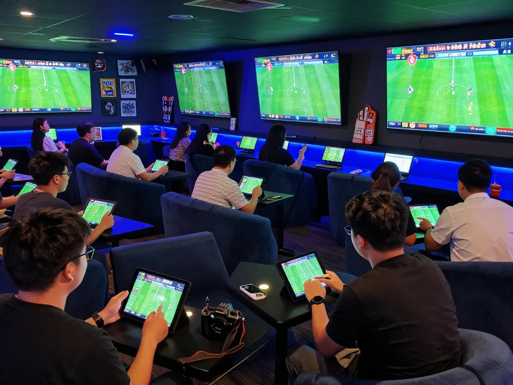 Engaged bettors analyzing kèo nhà cái in a lively sports betting lounge during live matches.