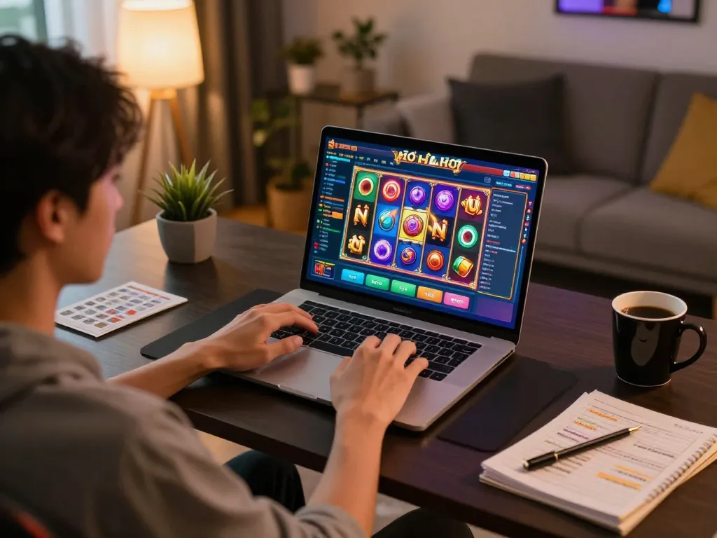 Playing game nổ hũ on laptop at home, showcasing vibrant slot reels in action