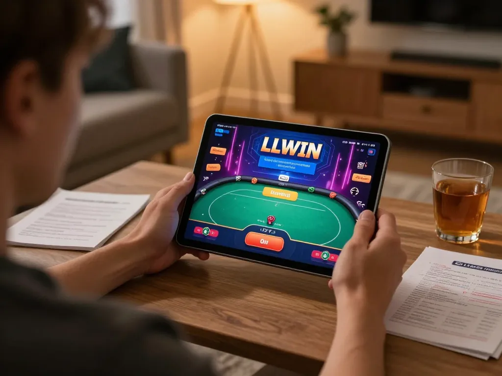 Online gambling scene showcasing llwin download and poker game interface, reflecting engaging home entertainment