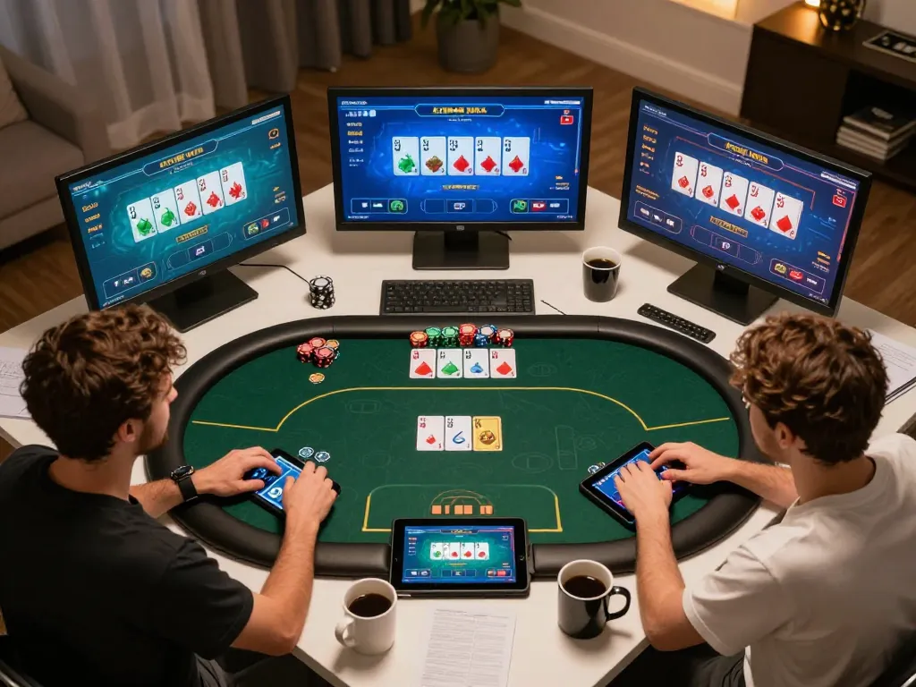 lc88 players engaging in online poker game setup with warm ambiance and strategy notes