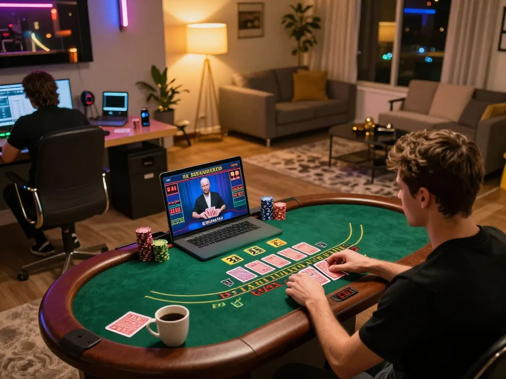 Engaging in strategic gameplay on VUA88's live blackjack interface from a comfortable home setup