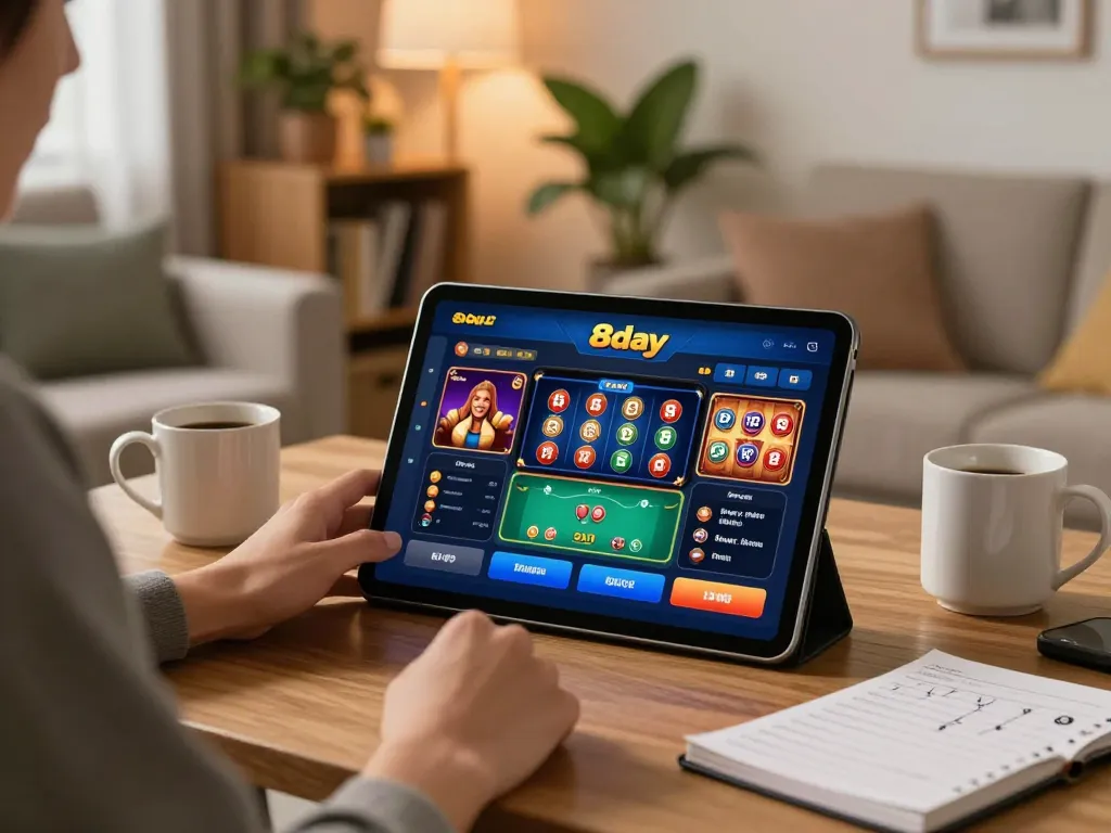 The user explores the 8day casino app on a tablet, highlighting an engaging online gaming atmosphere.