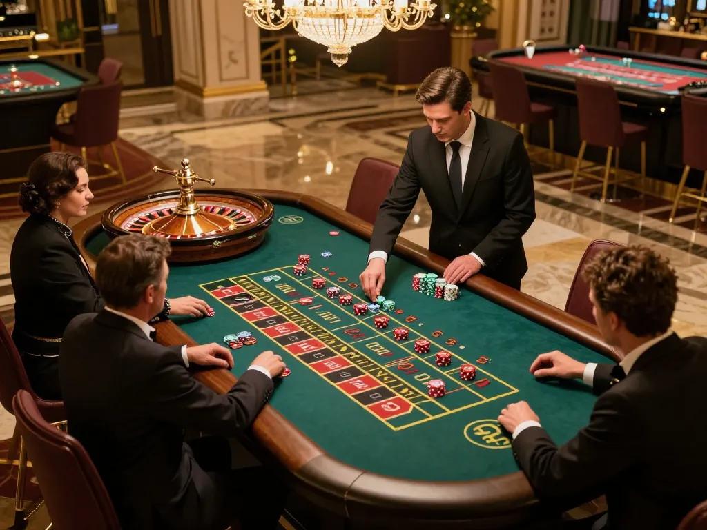 Engaging moment at the roulette table with players betting on fly88, showcasing excitement in a luxurious casino.