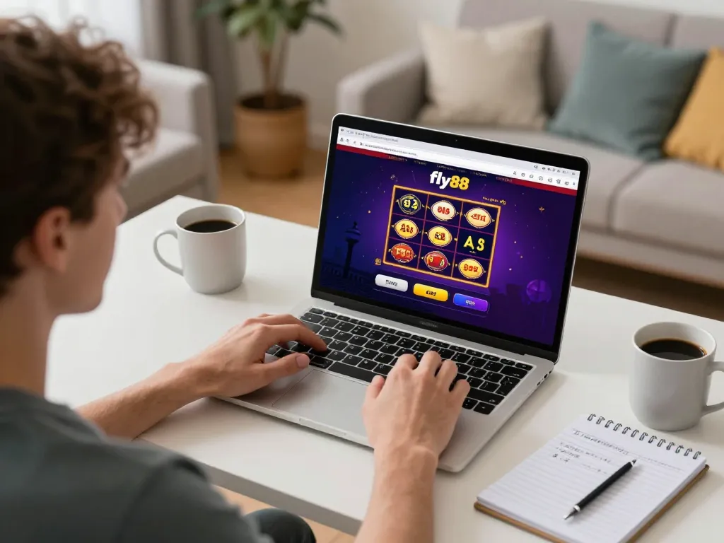 Play slots on fly88 with drinks at a cozy home setup featuring engaging online casino.