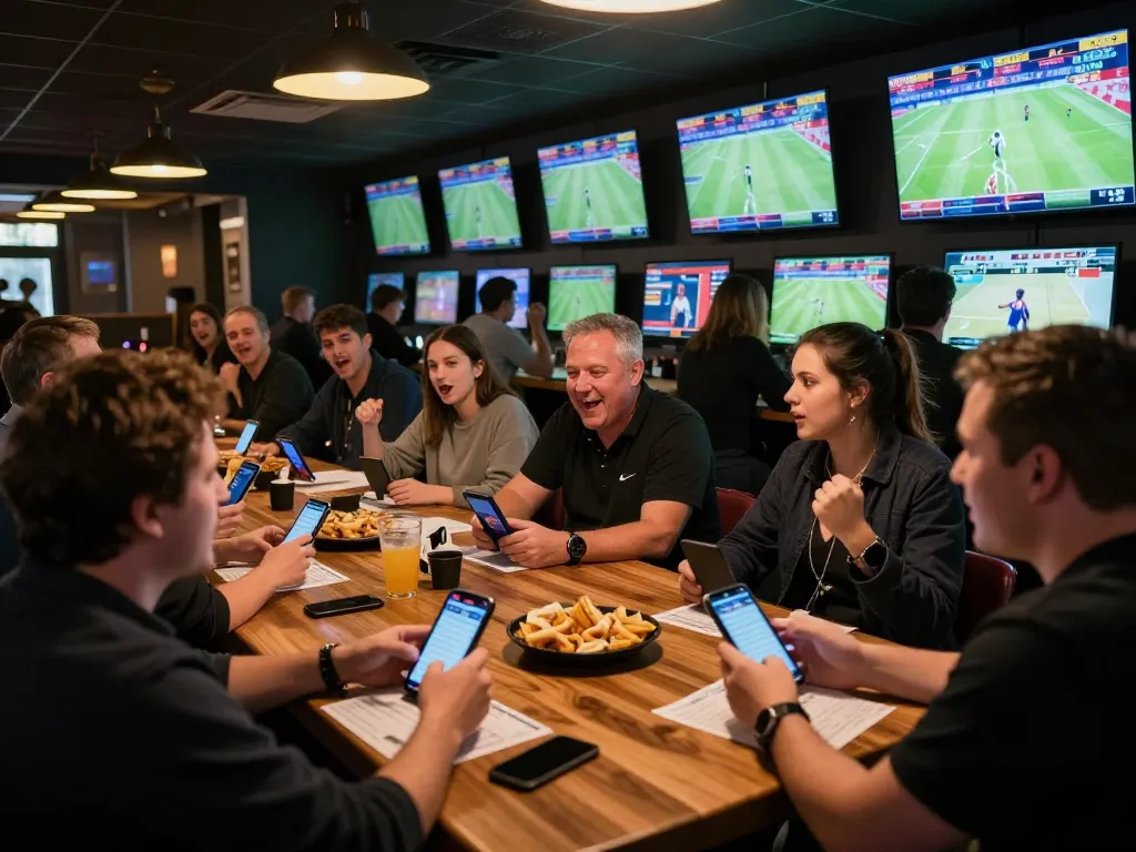 Engaged bettors analyzing kèo nhà cái odds on mobile devices at a vibrant sports betting bar.