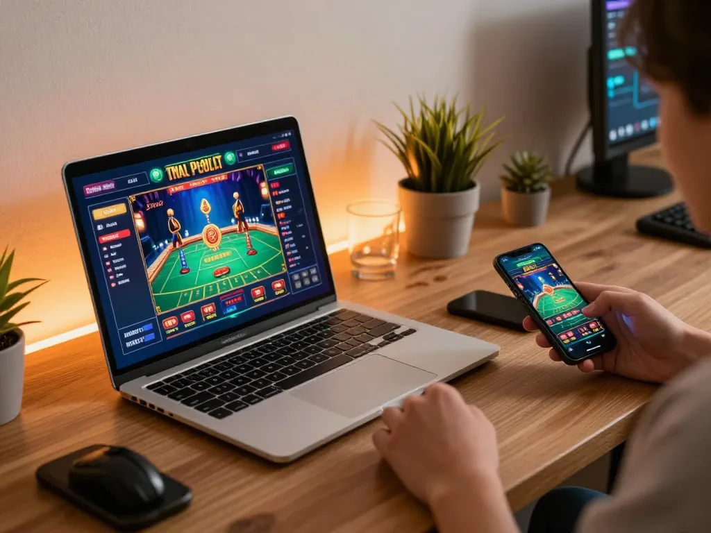Person engaging in ALO8 online gaming with laptop and smartphone on a stylish desk, highlighting responsible gambling.