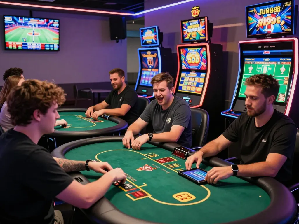 Players enjoying an exciting gaming experience at trang chủ jun88, showcasing diverse casino games in a vibrant setting.