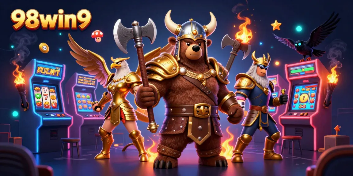 Engage in epic slots at 98win9, featuring vibrant jackpot symbols and dynamic 3D characters.