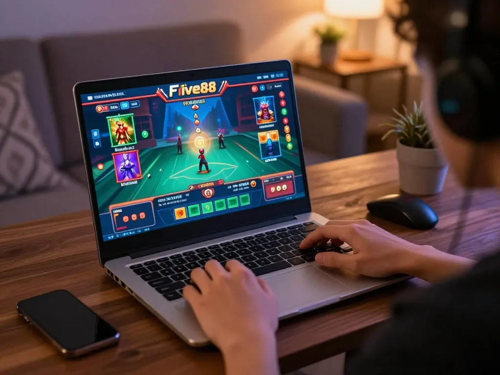 Engaging player enjoying Cổng game Five88 at home, showcasing online gambling atmosphere with strategic betting.