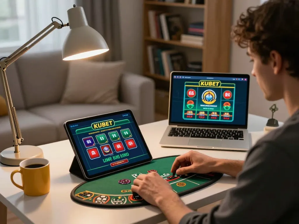 Kubet player focused on online blackjack gameplay in a modern home environment