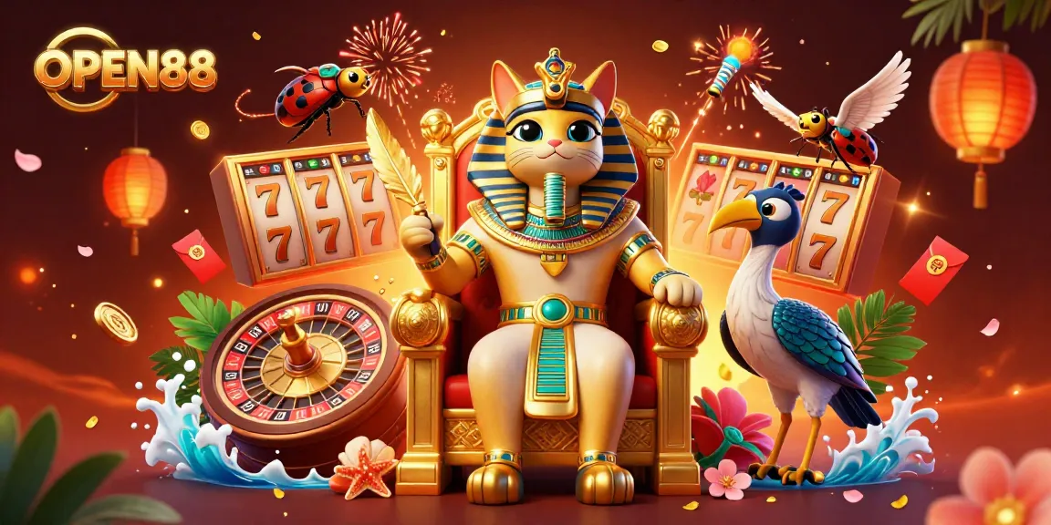 Engage with OPEN88 in immersive gaming featuring rich slot reels, spinning roulette, and vibrant characters.
