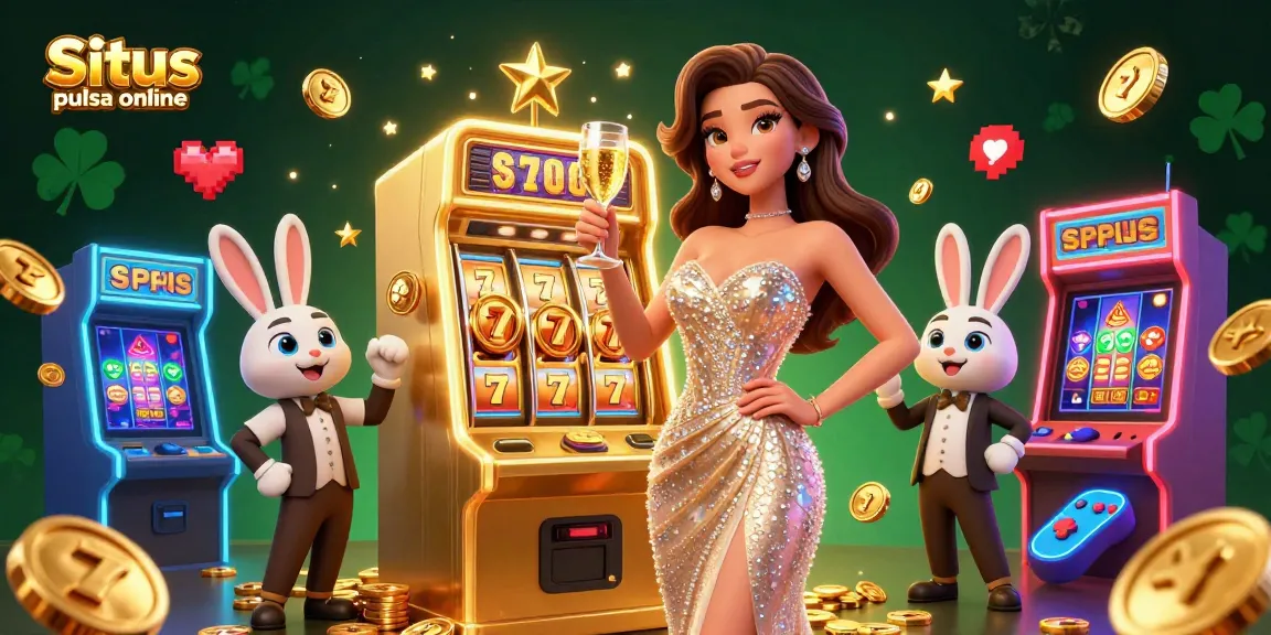 Situs pulsa online depicting a glamorous woman toasting by a golden jackpot machine with casino elements