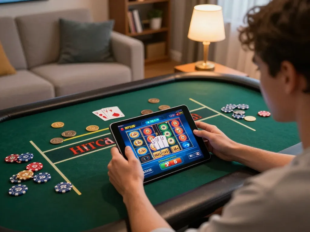 Player enjoying hitclub slots and card games on tablet in a cozy home setting