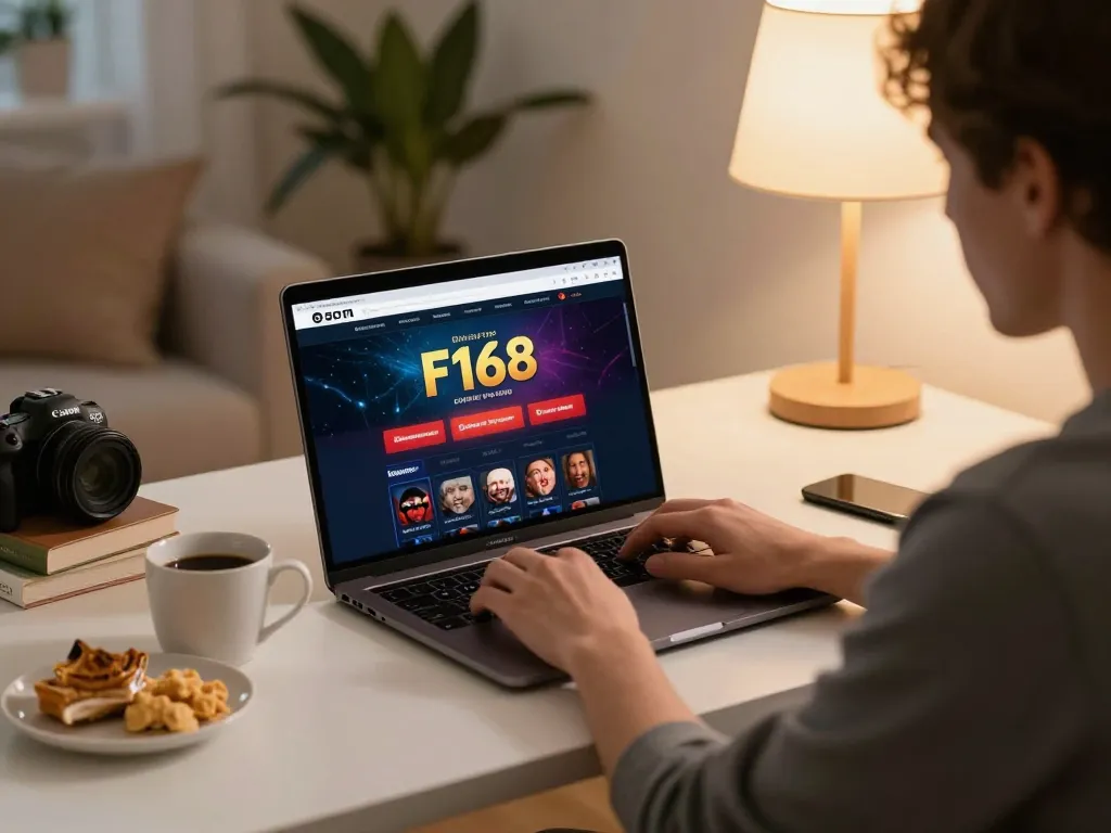 Player engaging in F168 online gaming, surrounded by a cozy home atmosphere with snacks and a laptop.