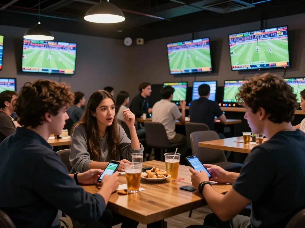 hm88 thể thao enthusiasts placing bets in a thrilling sports betting lounge with screens and excited fans.