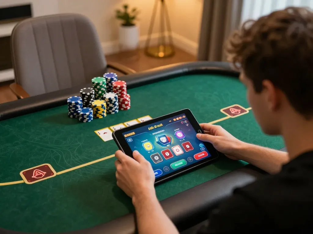 Engage in thrilling poker games at ALO8net, showcasing vibrant gameplay and cozy home atmosphere.