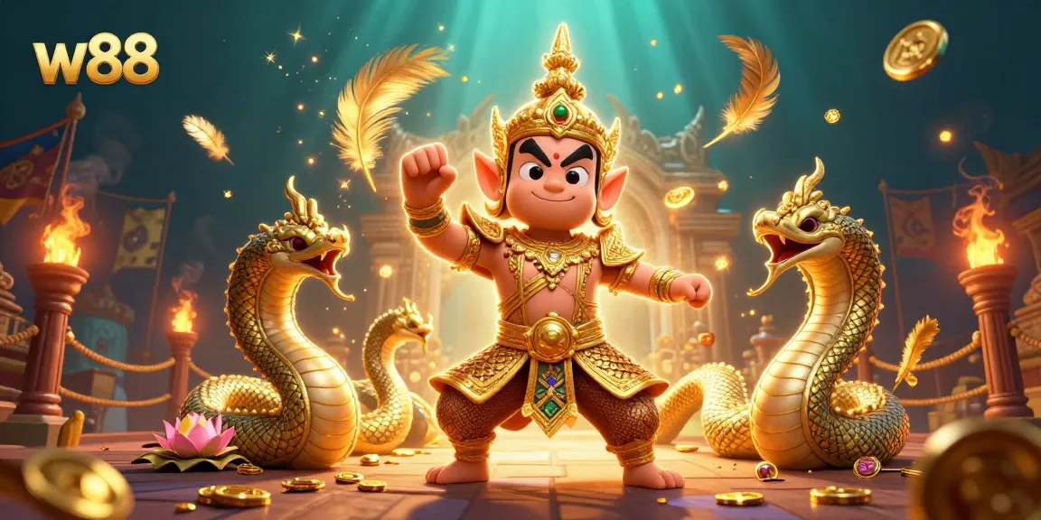Experience the excitement of w88 with dynamic golden guardian and Naga in a thrilling casino scene.