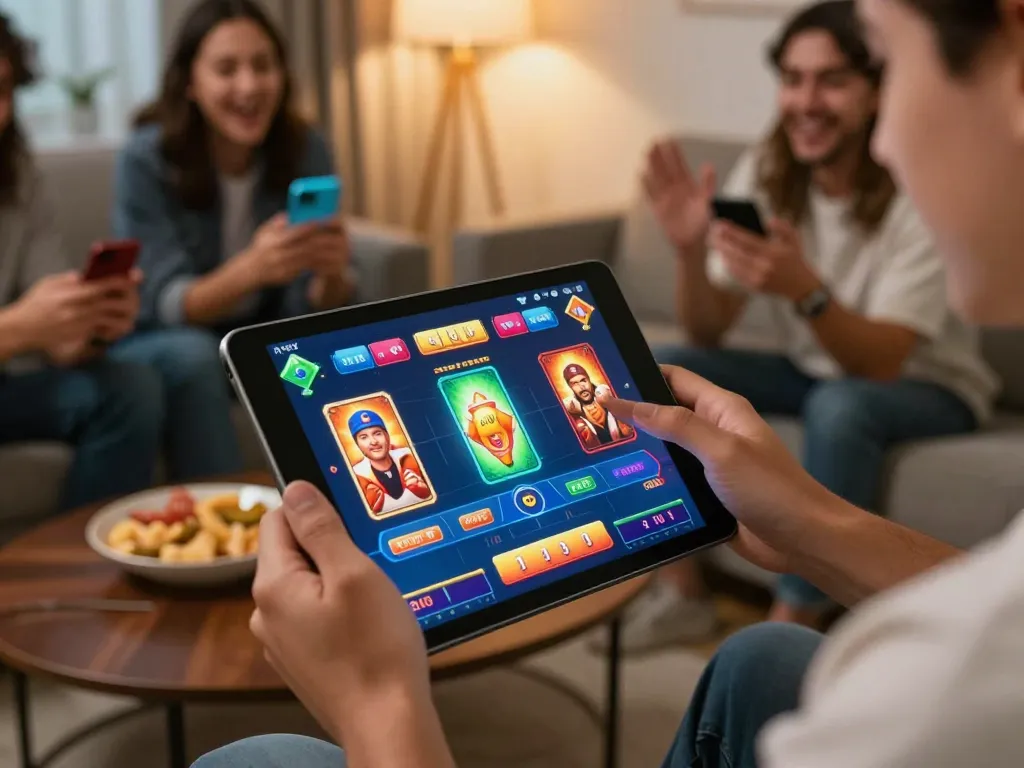 Player enjoying the fly88 app on a mobile device while betting with friends in a lively home setting.