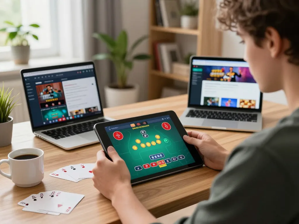 Experience the thrill of online poker with 789wim on a tablet in a cozy gaming space