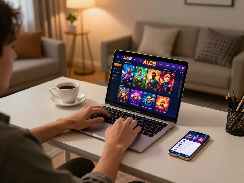 Engaged player using ALO8 website for online casino games on a laptop, showcasing a vibrant gaming environment