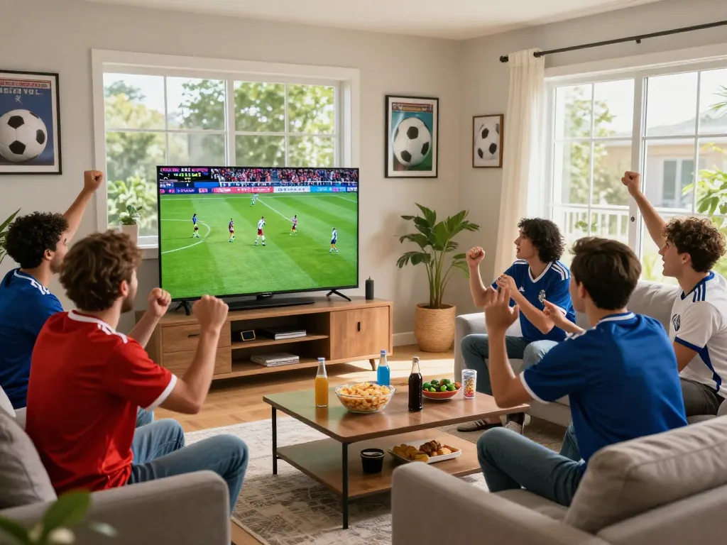 Friends enjoying a football match on https://luongson117.tv/ in a lively living room with snacks.