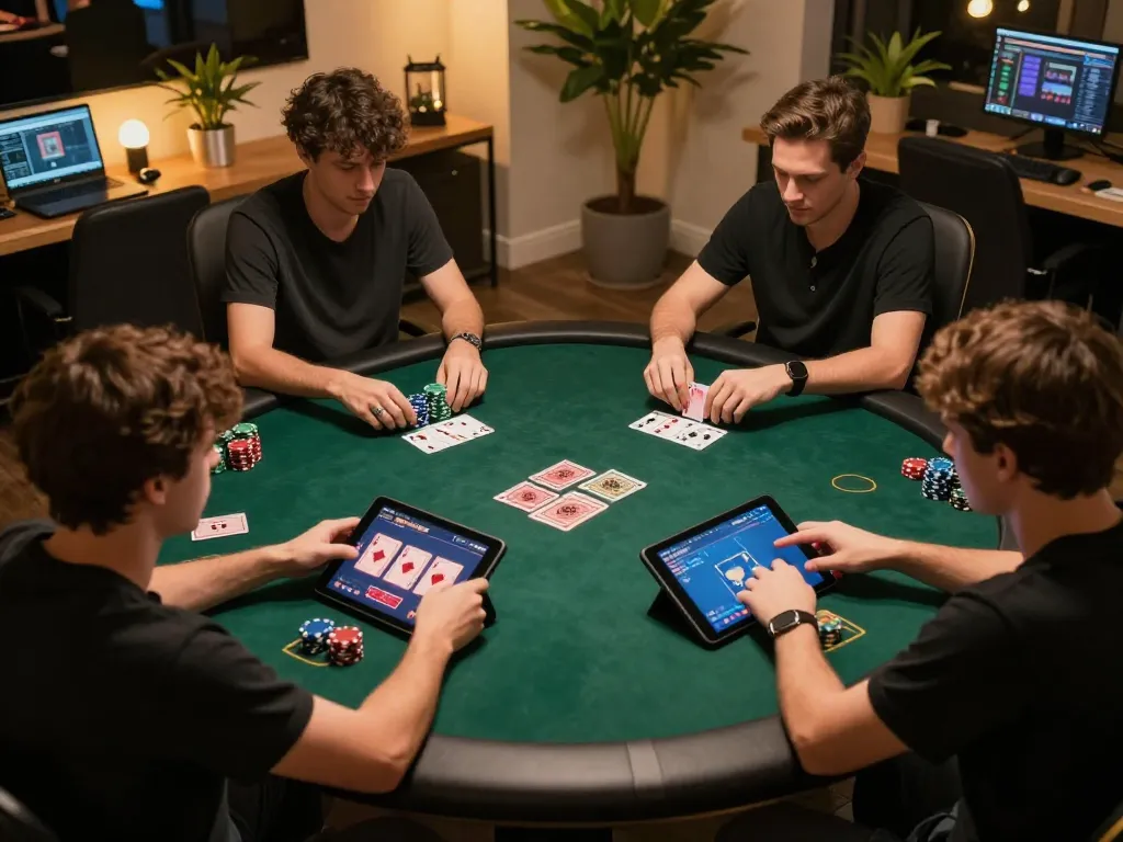 Players engage in an online poker session at 23win168, showcasing strategic gameplay with cards and chips strategically placed.
