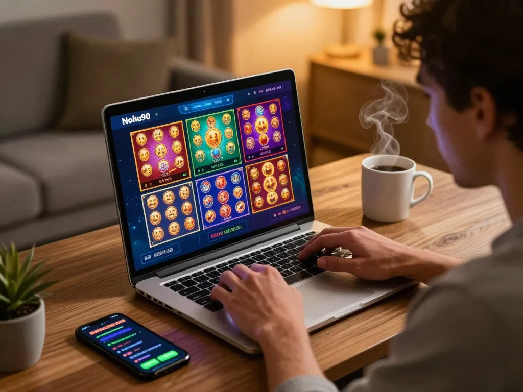 Nohu90 player engaging in online casino gaming at home, focusing on slot games and interfaces.