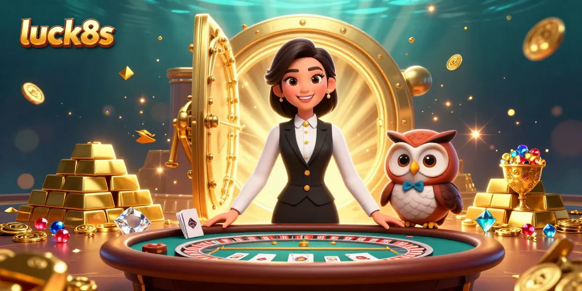 Experience thrilling baccarat at luck8s with our charming dealer duo and vibrant casino elements.
