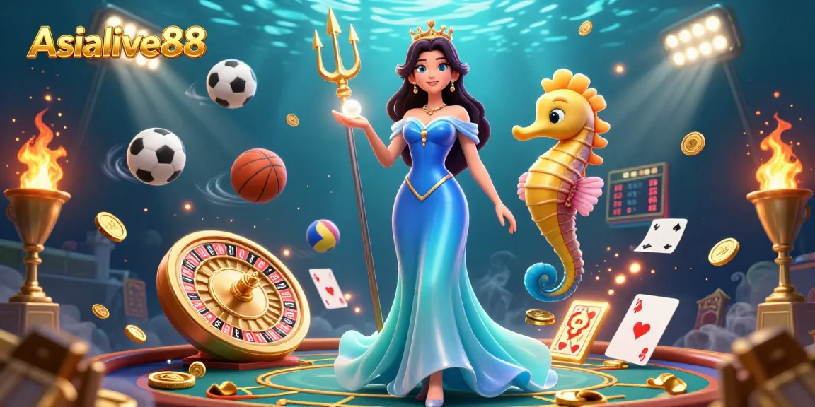 Experience the thrill of live gaming with Asialive88 in this dynamic 3D underwater casino scene.