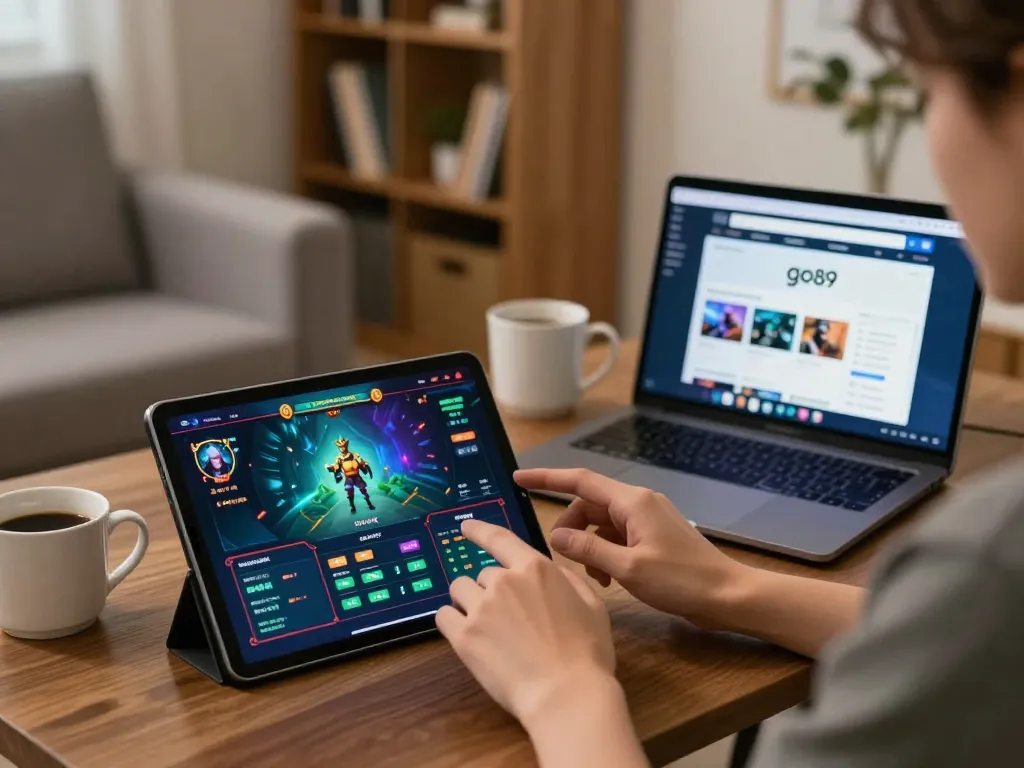 Engaging scene showing a player using the go89 app for Dota betting on a tablet in a cozy home environment.