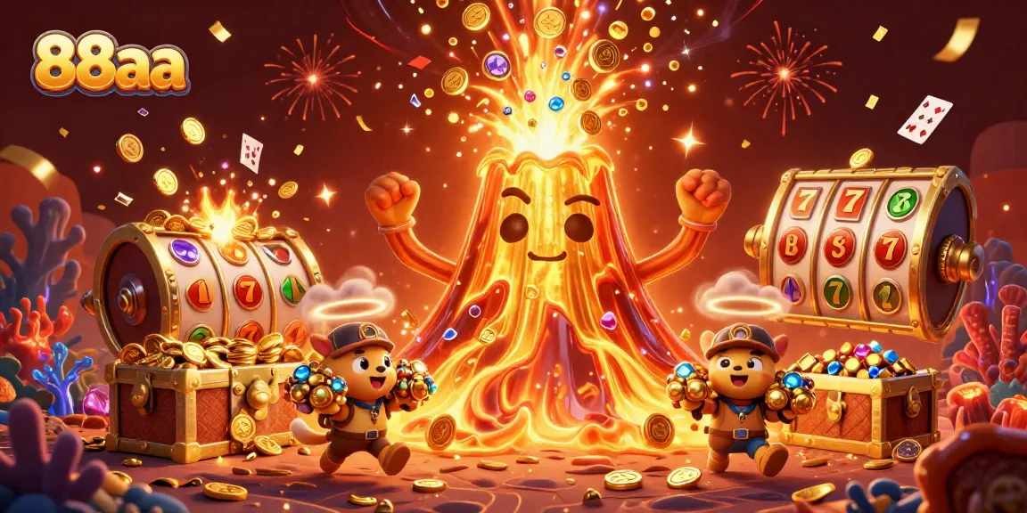 Engage with 88aa's thrilling gaming experience as a golden volcano erupts with treasures.