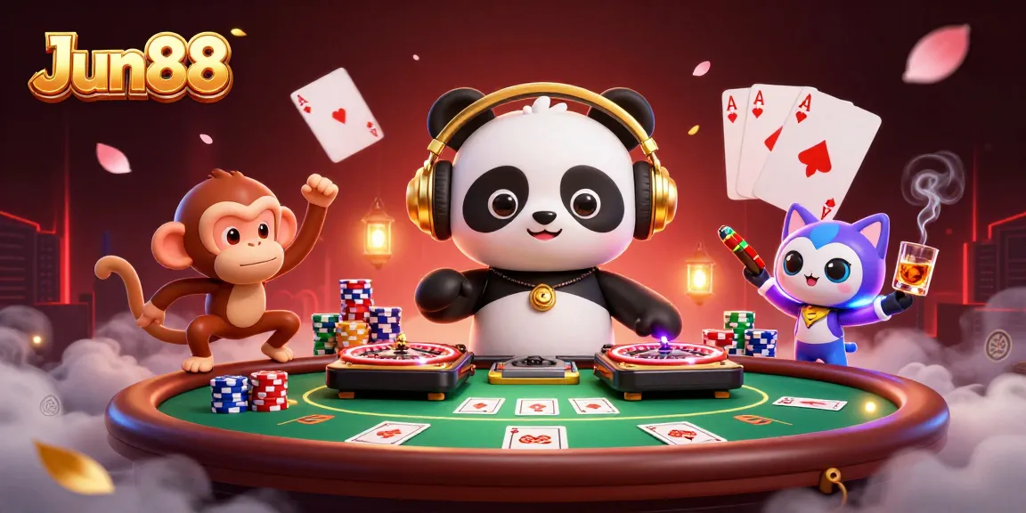 Jun88 engages players in electrifying casino action with DJ panda, monkey, and kitten in vibrant scene.