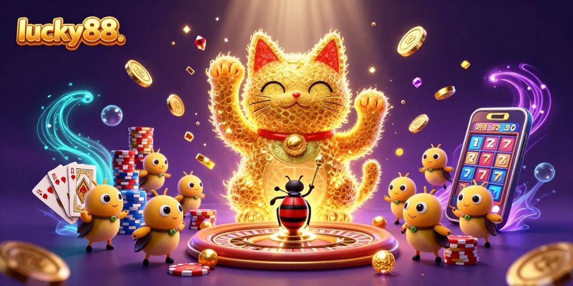 Experience luck with the lucky88. lucky cat in a vibrant casino-themed scene.