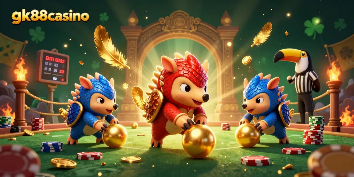 Experience thrilling gameplay at gk88casino with competitive pangolin rivals and festive casino elements.