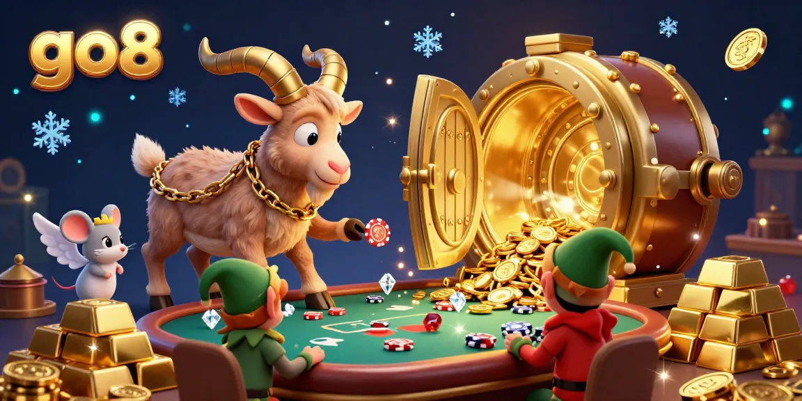 Experience holiday fun at go8's festive casino with whimsical characters in a vibrant, sparkling scene.