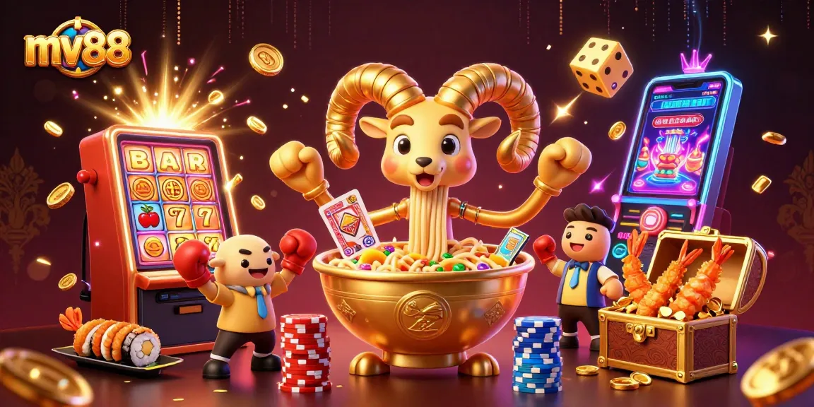 Experience the excitement of mv88 with a vibrant 3D casino illustration filled with thrilling games.