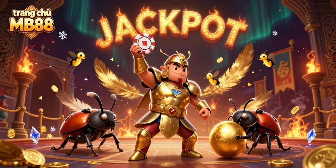 Engage with trang chủ MB88's dynamic scene featuring a victorious beetle champion and impressive gaming elements.