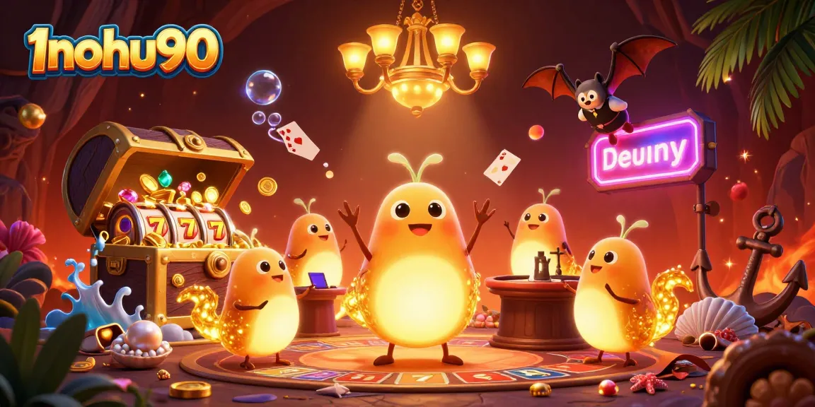 Experience the excitement of 1nohu90 as glowworms illuminate a vibrant casino scene with golden treasures and lively gameplay.