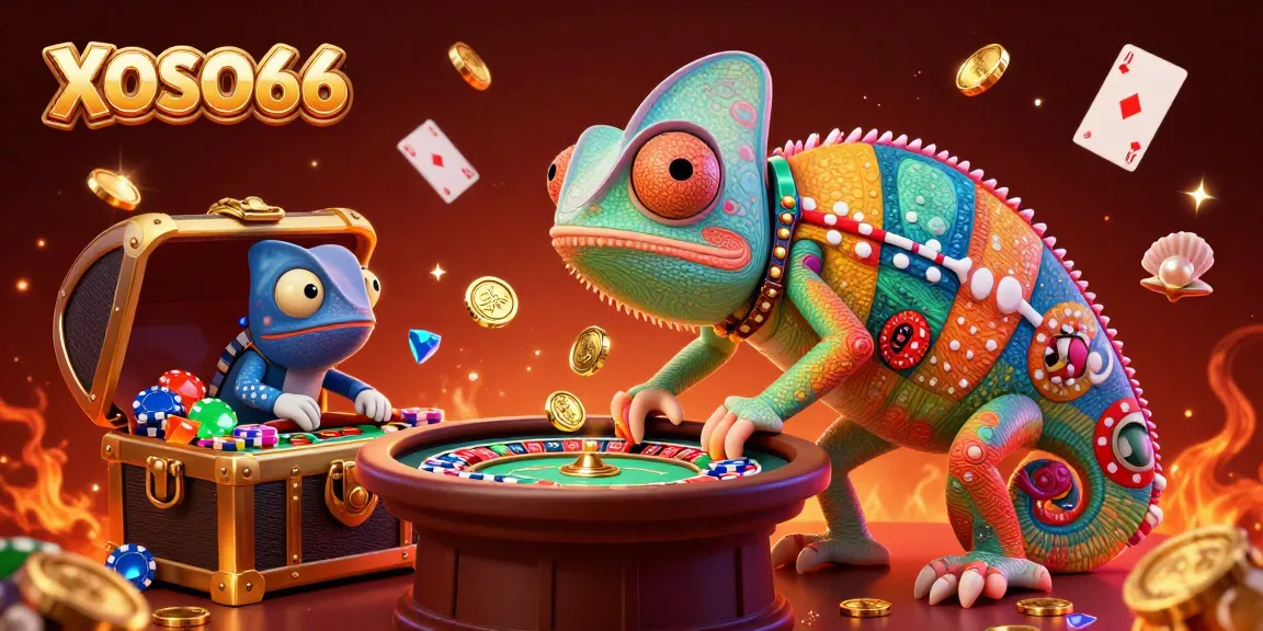 Experience vibrant gaming with XOSO66, a colorful chameleon casino owner surrounded by riches.