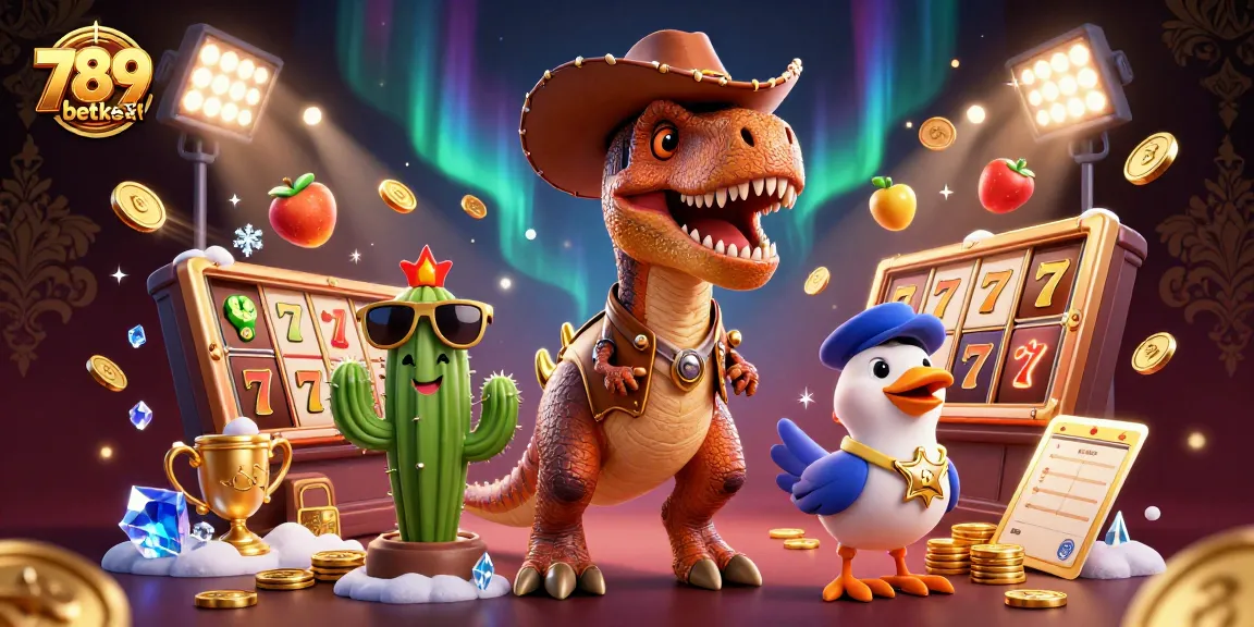 Engage with thrilling slots at 789betket featuring a T-Rex, cactus, and roadrunner amidst dynamic casino elements.
