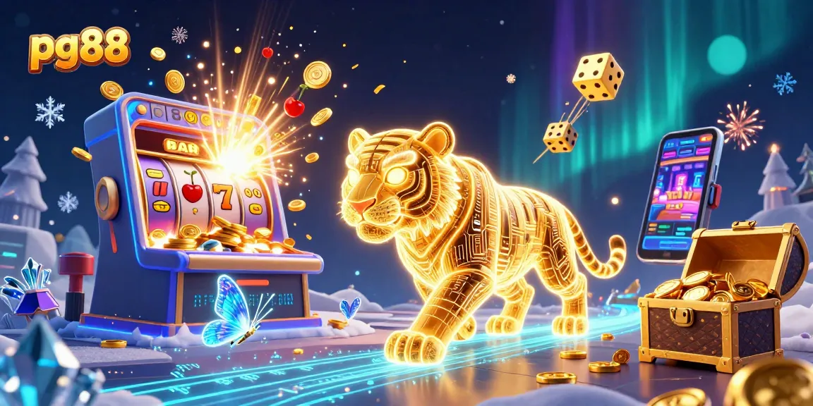 Experience excitement with pg88 as a golden tiger explores a vibrant casino filled with jackpots and color.