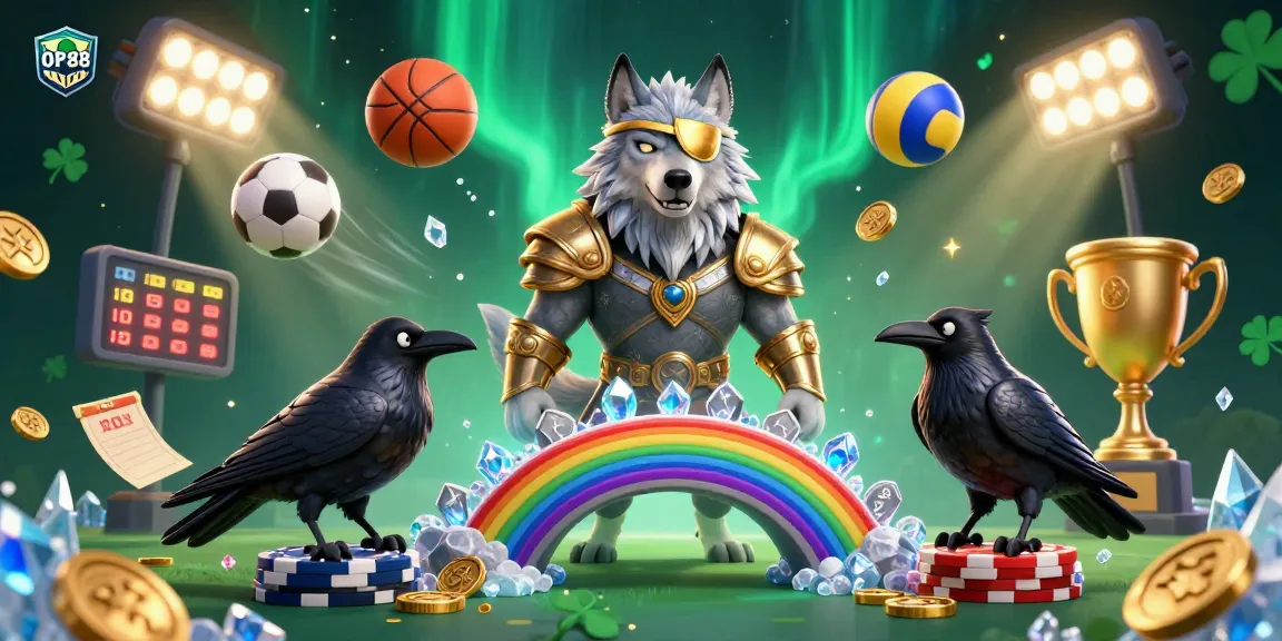 Experience the thrill of OP88 with an epic scene showcasing Odin and his ravens amidst a colorful casino adventure.